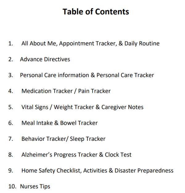 Caregivers Notebook Table of contents